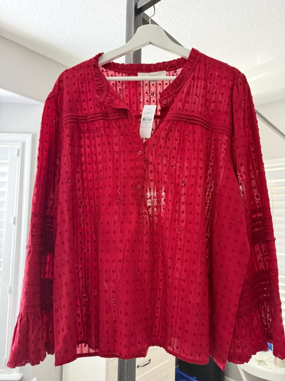 LOFT Red Eyelet Peasant Blouse